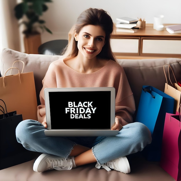 Bela jovem sentada no sofá com laptop e sacos de compras conceito de venda da Sexta-feira Negra