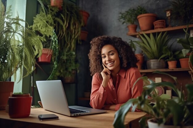 Bela jovem sorridente com cabelo encaracolado trabalhando no laptop e tomando café sentado no café Generative AI