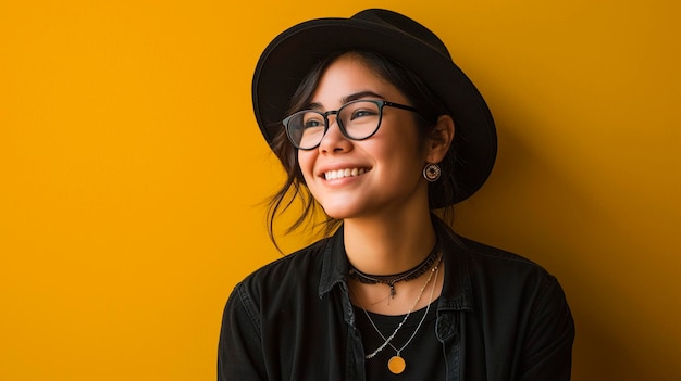 Bela jovem sorrindo com chapéu e roupas pretas e usando óculos