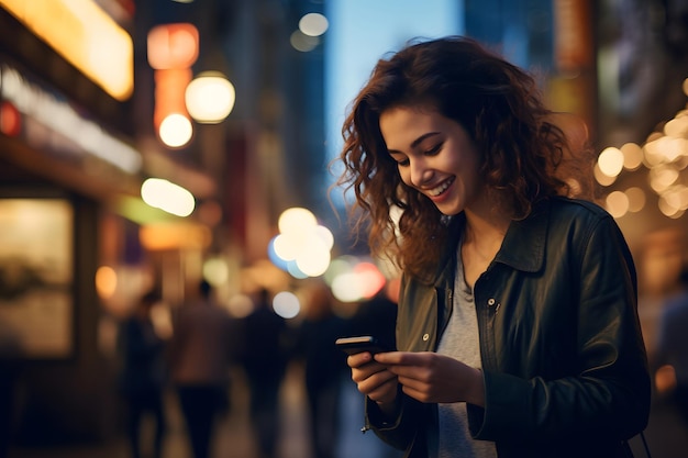 Bela jovem usando smartphone caminhando pela rua da cidade, estudante sorridente.