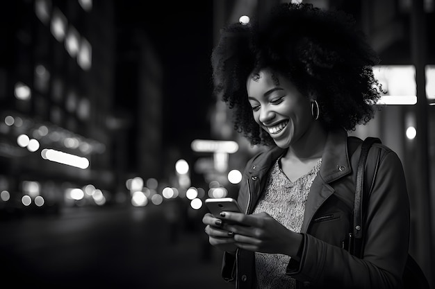 Foto bela jovem usando smartphone caminhando pela rua da cidade, estudante sorridente.