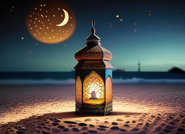 Bela lanterna Decoração de iluminação na cena noturna da praia Design islâmico
