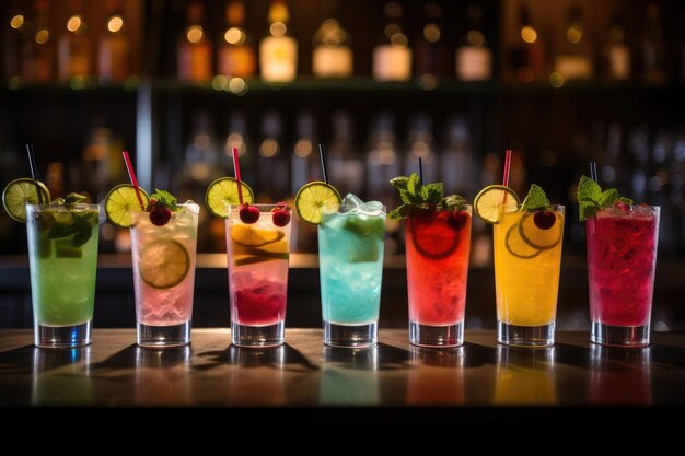 bela linha de coquetéis alcoólicos coloridos em um bar de boate