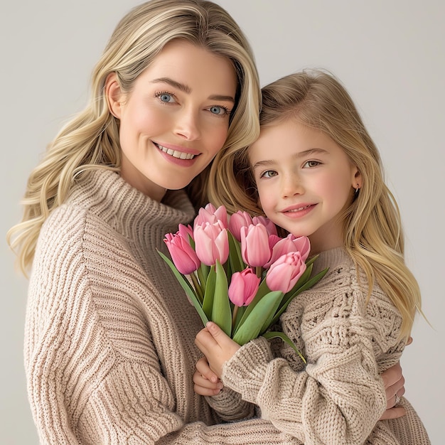 bela mãe e filha segurando um buquê de tulipas isolados em cinza