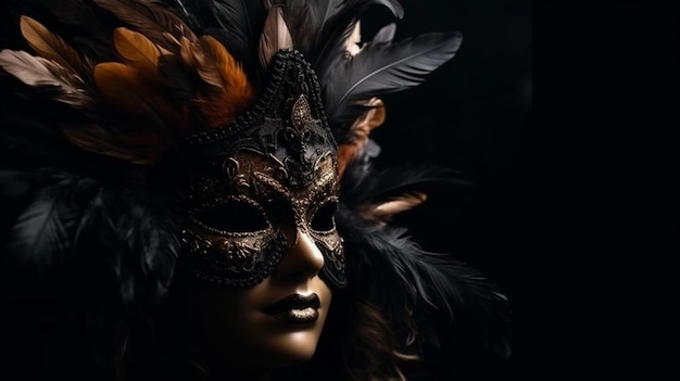 Bela máscara veneziana com penas em um backgroundgenerative ai preto