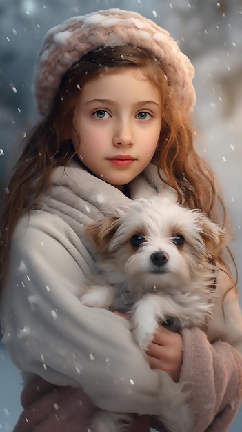 Bela menina com um cão na floresta de inverno Uma menina segura um cãozinho peludo na neve
