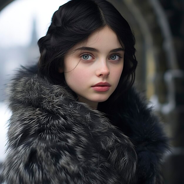 bela menina medieval de 13 anos de idade de pé dentro do castelo manhã nevoeiro inverno