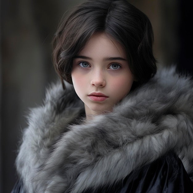 bela menina medieval de 13 anos de idade de pé dentro do castelo manhã nevoeiro inverno