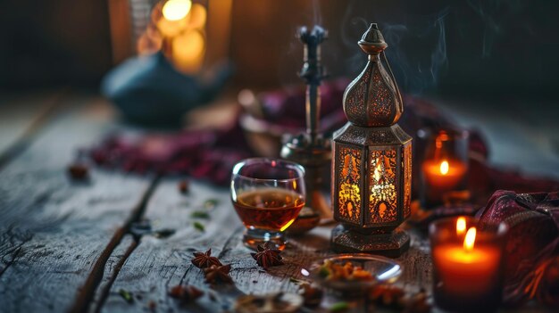 Bela mesa com guloseimas orientais e bebidas lanternas e velas para celebrar o Ramadã