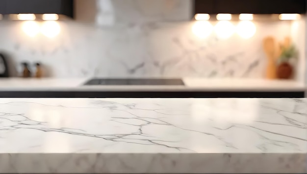 Bela mesa de mármore vazia e borracha bokeh fundo interior de cozinha moderna