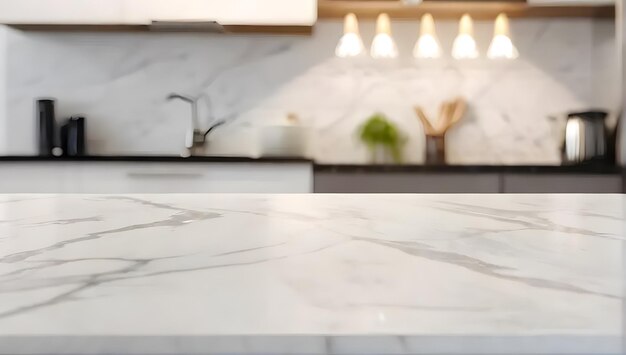 Bela mesa de mármore vazia e borracha bokeh fundo interior de cozinha moderna