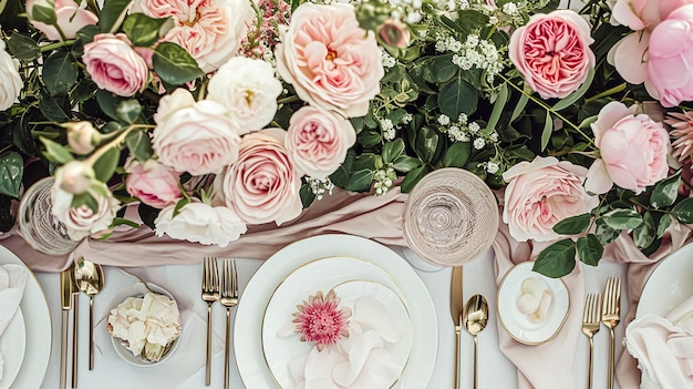 Bela mesa para uma festa de jardim adornado tablescape com vibrantes arranjos florais sob