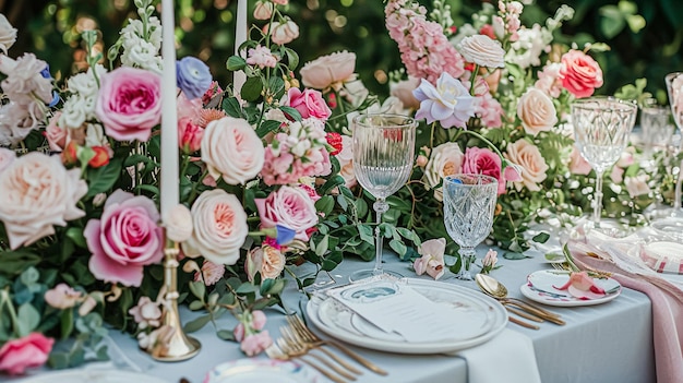 Bela mesa para uma festa de jardim adornado tablescape com vibrantes arranjos florais sob