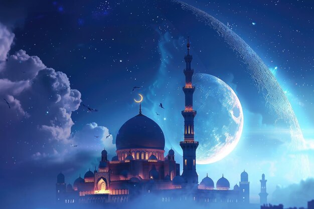 Foto bela mesquita com forma de crescente eid al adha imagem hijri ano novo fundo