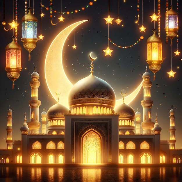 Bela mesquita com iluminação amarela e lanterna gerada por IA