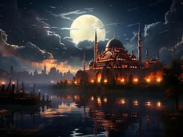 Bela mesquita islâmica com céu de lua noturna e papel de parede fotográfico de nuvens