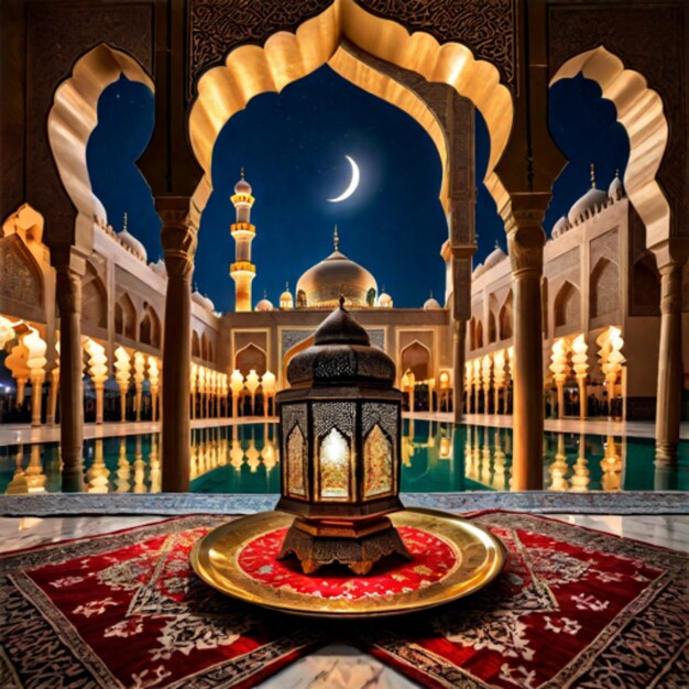 Bela mesquita islâmica com lanternas de estrelas da lua à noite