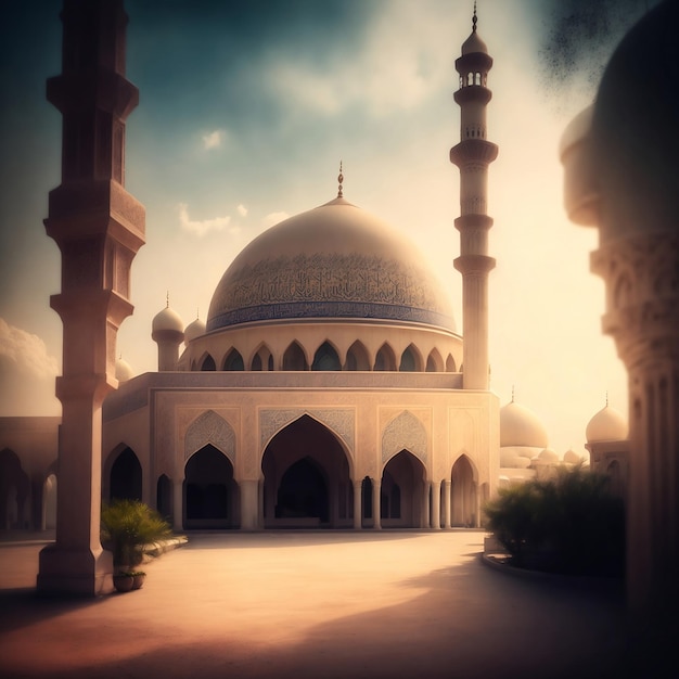 bela mesquita no meio do deserto cartão de saudação islâmico feliz feriado feliz islâmico