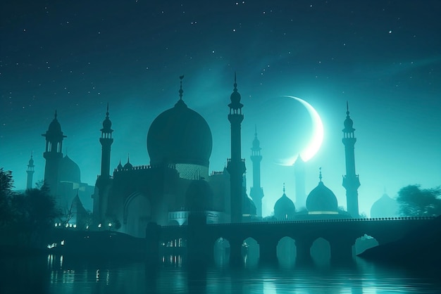 Bela mesquita Noite de fundo Ramadã Kareem Eid Mubarak Islâmico