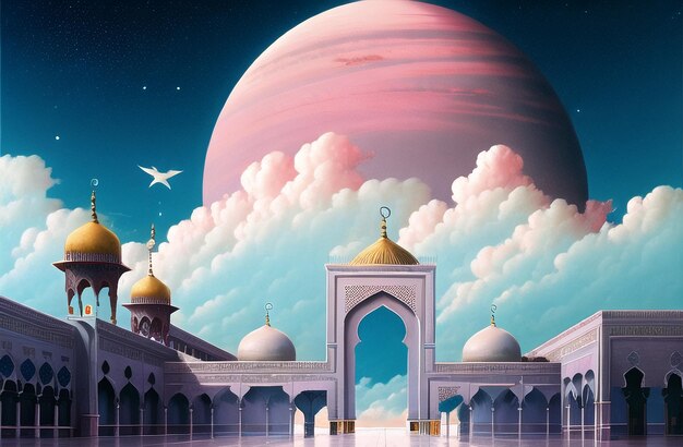 Bela Mesquita Noite Fundo para Ramadan Kareem Eid Mubarak Festival Muçulmano de Ramzan Conceito Islâmico Bandeira da Arquitetura Islâmica Masjid Generative AI