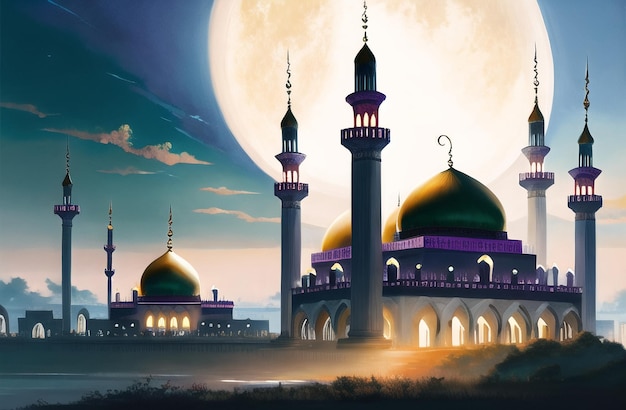 Bela Mesquita Noite Fundo para Ramadan Kareem Eid Mubarak Festival Muçulmano de Ramzan Conceito Islâmico Bandeira da Arquitetura Islâmica Masjid Generative AI