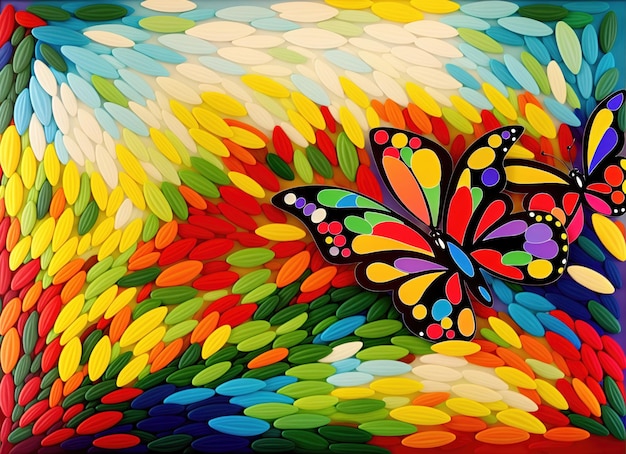 Bela mistura de borboletas coloridas em um fundo colorido