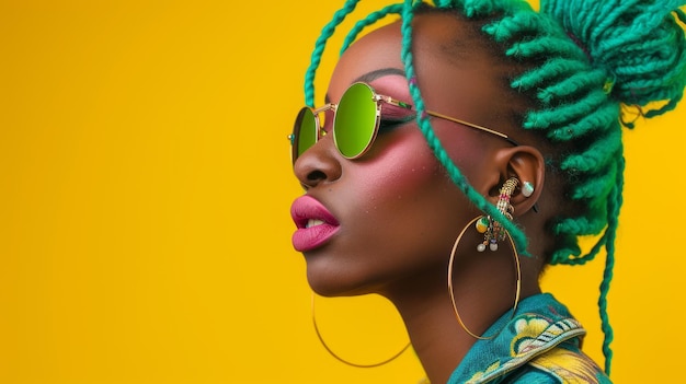 bela modelo africana moderna usando jóias óculos de sol cabelo verde olhando para o lado vista de pássaro retrato rosa e amarelo