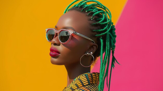 bela modelo africana moderna usando jóias óculos de sol cabelo verde olhando para o lado vista de pássaro retrato rosa e amarelo