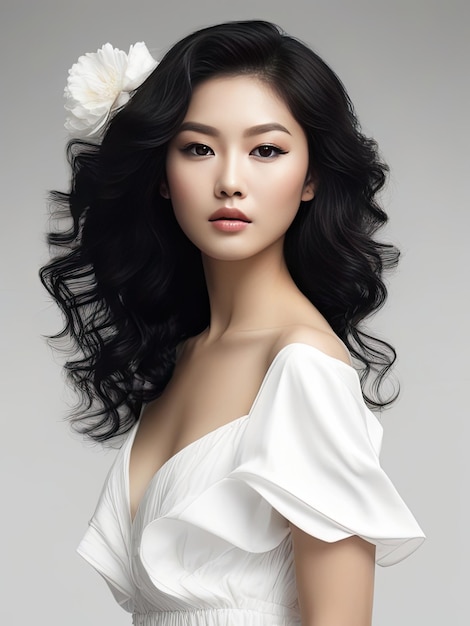 bela modelo asiática branca com curly generativo ai