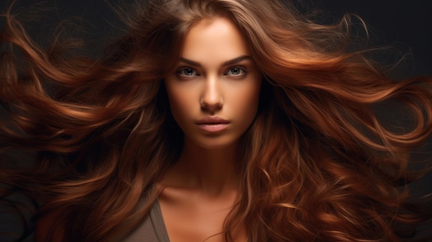 Bela modelo com cabelo longo, cuidados e produtos de beleza para o cabelo.