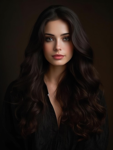 Bela modelo com cabelo longo, cuidados e produtos de beleza para o cabelo.