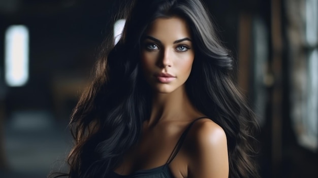 Bela modelo com cabelo longo, cuidados e produtos de beleza para o cabelo.