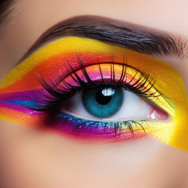 Foto bela modelo com incrível maquiagem de olhos colorida