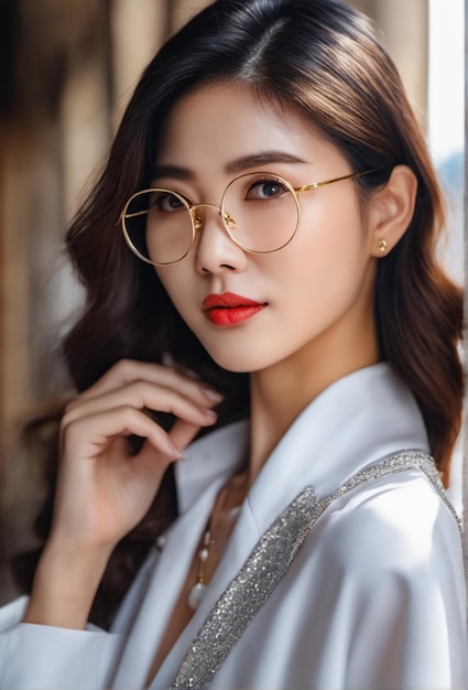 Bela modelo coreana com óculos e roupa da moda