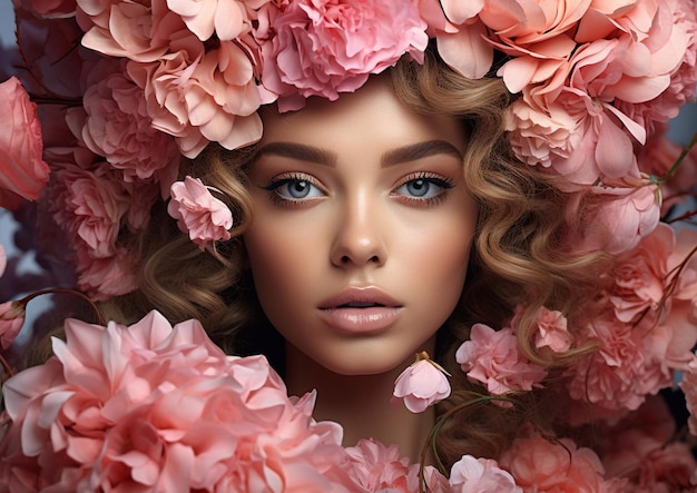 Bela modelo de moda com maquiagem e penteado cercada por flores cor-de-rosa