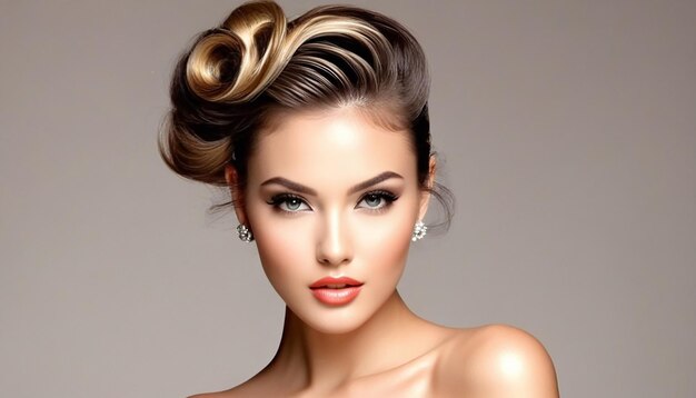 Foto bela modelo de moda com penteado elegante e sensualidade