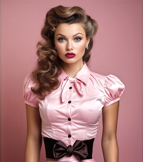 Bela modelo de pin-up de estilo retro de 1940 vestindo um vestido rosa com cabelos loiros escuros