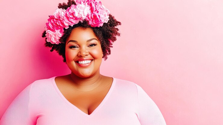 Foto bela modelo de tamanho maior sorrindo usando coroa de flores