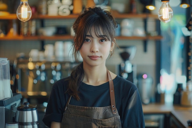 Bela modelo feminina do Japão posando como barista ar 32 estilo cru estilizar