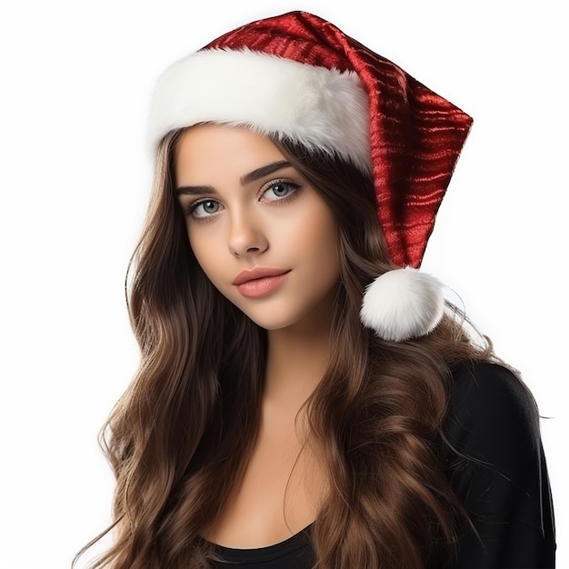 Bela modelo feminina usando chapéu de Papai Noel