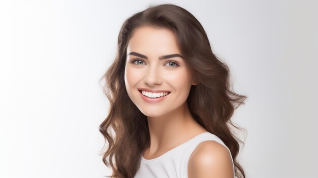 bela modelo morena mulher sorrindo com dentes perfeitamente limpos foto de fundo dental