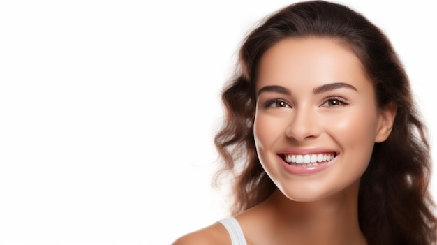 Foto bela modelo morena mulher sorrindo com dentes perfeitamente limpos foto de fundo dental