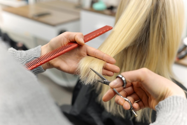 Bela morena trabalhando como cabeleireira corta as pontas do cabelo do cliente em um salão de beleza