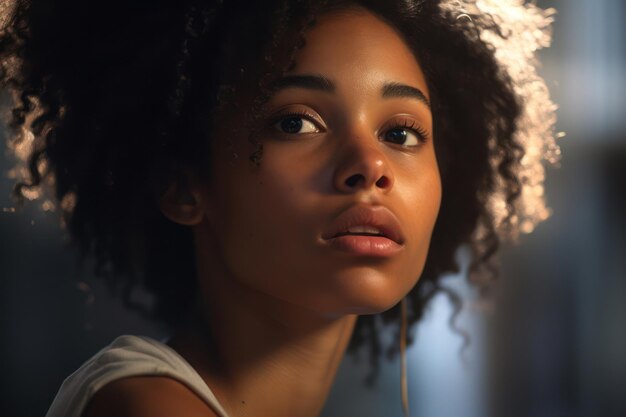 Foto bela mulher africana com cabelos encaracolados irradiando felicidade e positividade posando em estúdio closeup portrait com um fundo de moda