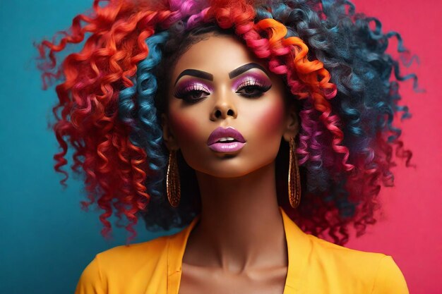 Bela mulher afro-americana com maquiagem brilhante e cabelo colorido
