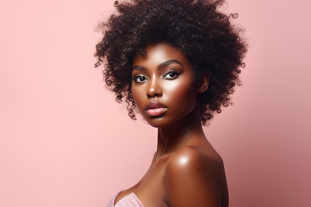 Bela mulher afro-americana com pele perfeita em fundo rosa