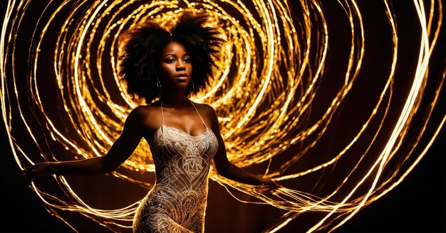 Foto bela mulher afro-americana com penteado afro e delineado em luz ai generativo