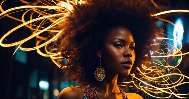 Foto bela mulher afro-americana com penteado afro e delineado em luz ai generativo