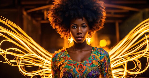 Bela mulher afro-americana com penteado afro e delineado em luz ai generativo