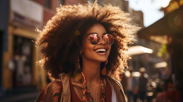 Bela mulher afro-americana com penteado afro e óculos de sol na cidade IA generativa
